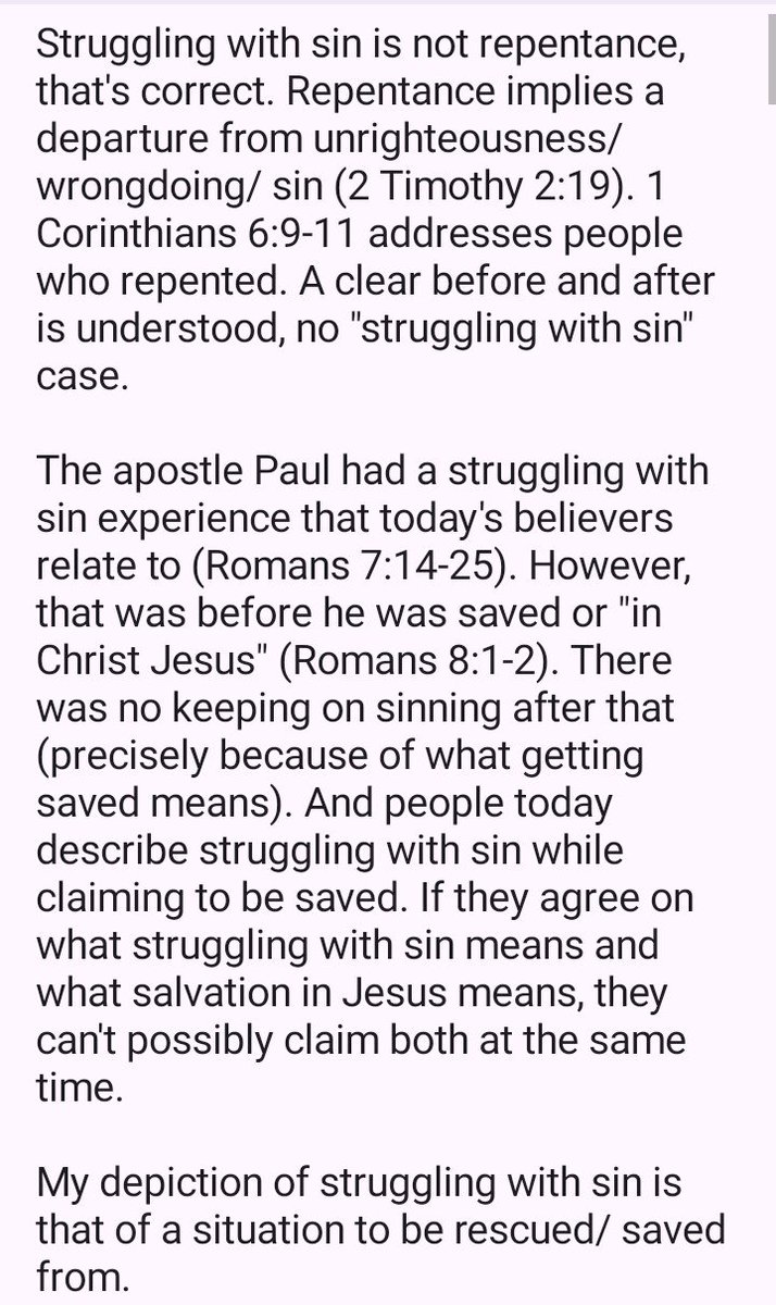 yestothetruth's tweet photo. @AnthonyRayGray @BR2742158 @InstaMntalMasta @NWhite_GA Struggling with sin is not repentance. Repentance implies a departure from unrighteousness/ wrongdoing/ sin (2 Timothy 2:19). https://t.co/If9wlkEg1m