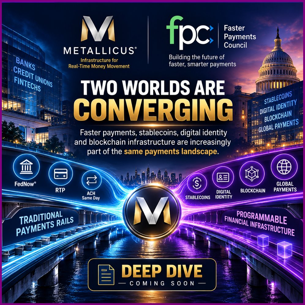 protonpussymeme's tweet photo. 👀 This caught my attention.
The U.S. Faster Payments Council is increasingly looking at FedNow, RTP, stablecoins, tokenized deposits and blockchain infrastructure as parts of the same evolving payments landscape.
Meanwhile, Metallicus’ Frank Mazza remains involved with the FPC through its Board Advisory Group and Digital Assets Work Group.
No — this does not mean the FPC has selected Metallicus technology.
But the direction of the conversation matters.
🏦 Faster payments
💵 Stablecoins
🪪 Digital identity
⛓️ Blockchain
🔗 Interoperability
Two worlds are starting to converge.
Deep dive coming soon.
#Metallicus #MetalBlockchain #FedNow #Stablecoins #FasterPayments