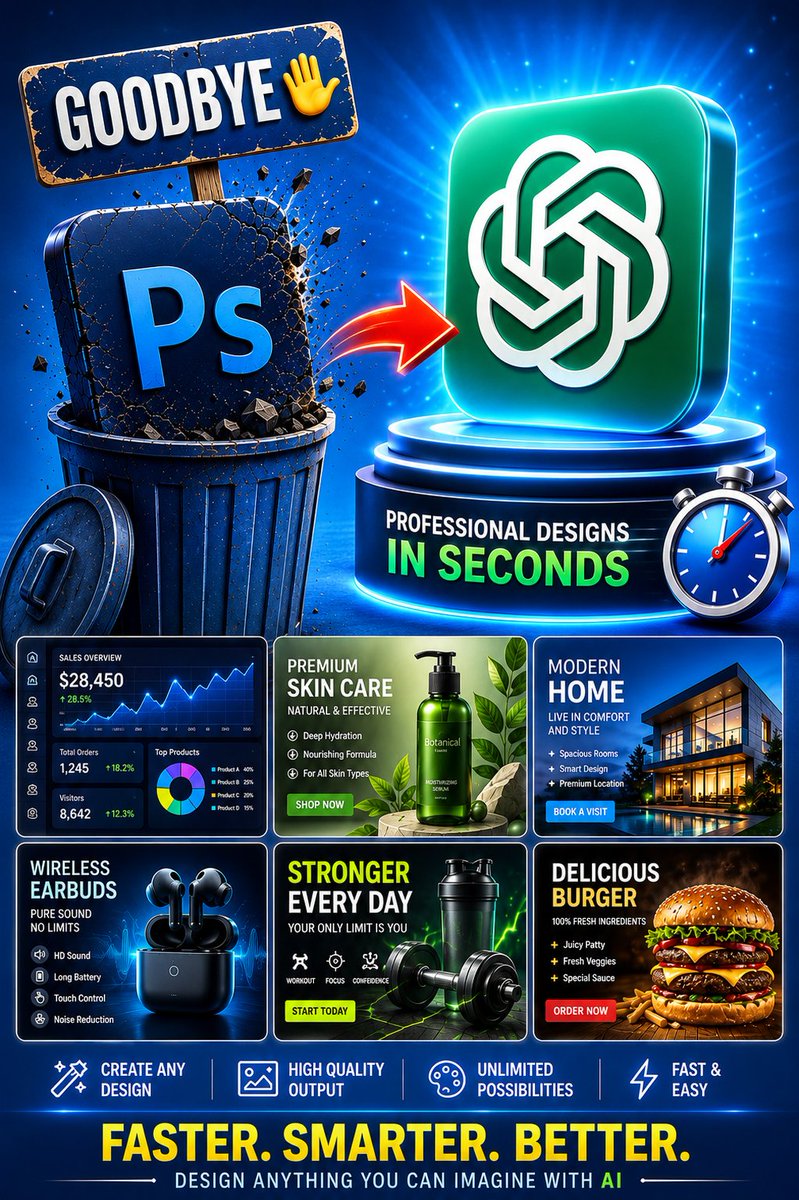 AlexCodeRx's tweet photo. 🚨 BREAKING: GOODBYE PHOTOSHOP. 👋💀💰

ChatGPT can now create professional designs in seconds — saving you hours of work and potentially $100s in design costs.

Here are 10 powerful prompts you need to try. 👇 https://t.co/B6PXowbIPw