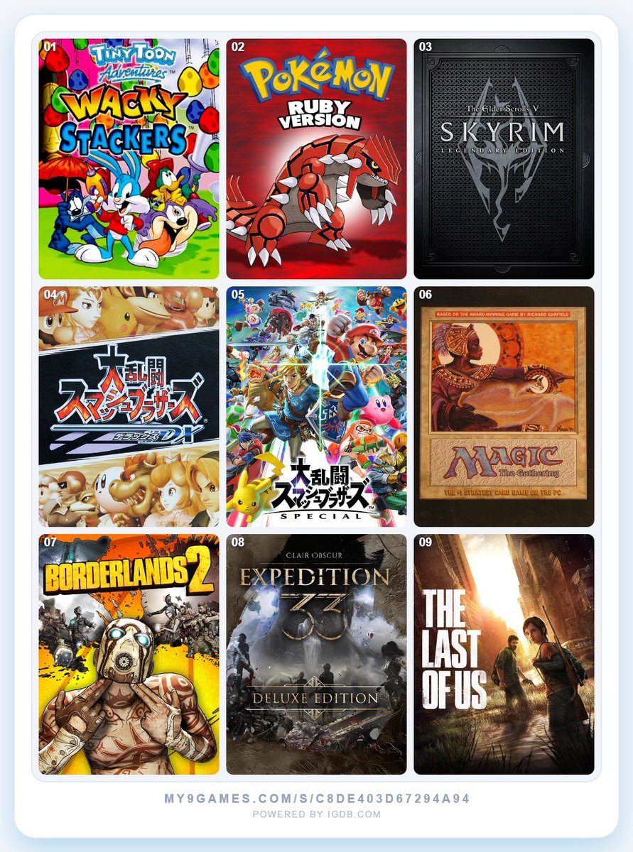 OmegaSongCorey's tweet photo. My 9 Games that make me me:

Wacky Stackers was my first video game.

Pokemon Ruby was the first game I ever loved.

Skyrim was the first game I put hundreds of hours into and my first open world game.

Melee was where my love for smash started. I still watch tournaments.
1/6 https://t.co/JysIMHUiM2