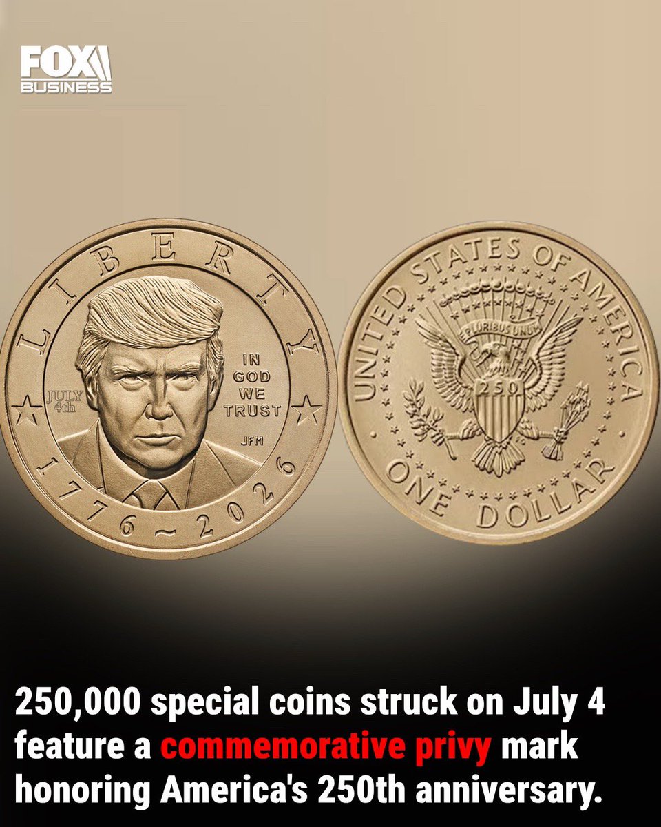 John345678902's tweet photo. The U.S. Mint will start selling gold-colored $1 Trump coins at 12pm in celebration of America's 250th anniversary, with a limited surprise for some buyers. 250,000 coins were struck on July 4 with a special privy mark honoring America’s major milestone, and they'll be mixed into https://t.co/IvhMS9Jk38