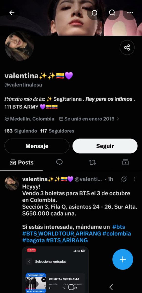 hjunglvs's tweet photo. ES ESTAFADORAAA! MANDA CORREO FAKE DE QUENTRO DONDE SUPUESTAMENTE MANDA LAS ENTRADAS, NO CAIGAN ARMYSTADES, SE CAMBIO EL USER O BORRO EL POST LA HUEVONAAAA. https://t.co/NjT12M7BkD