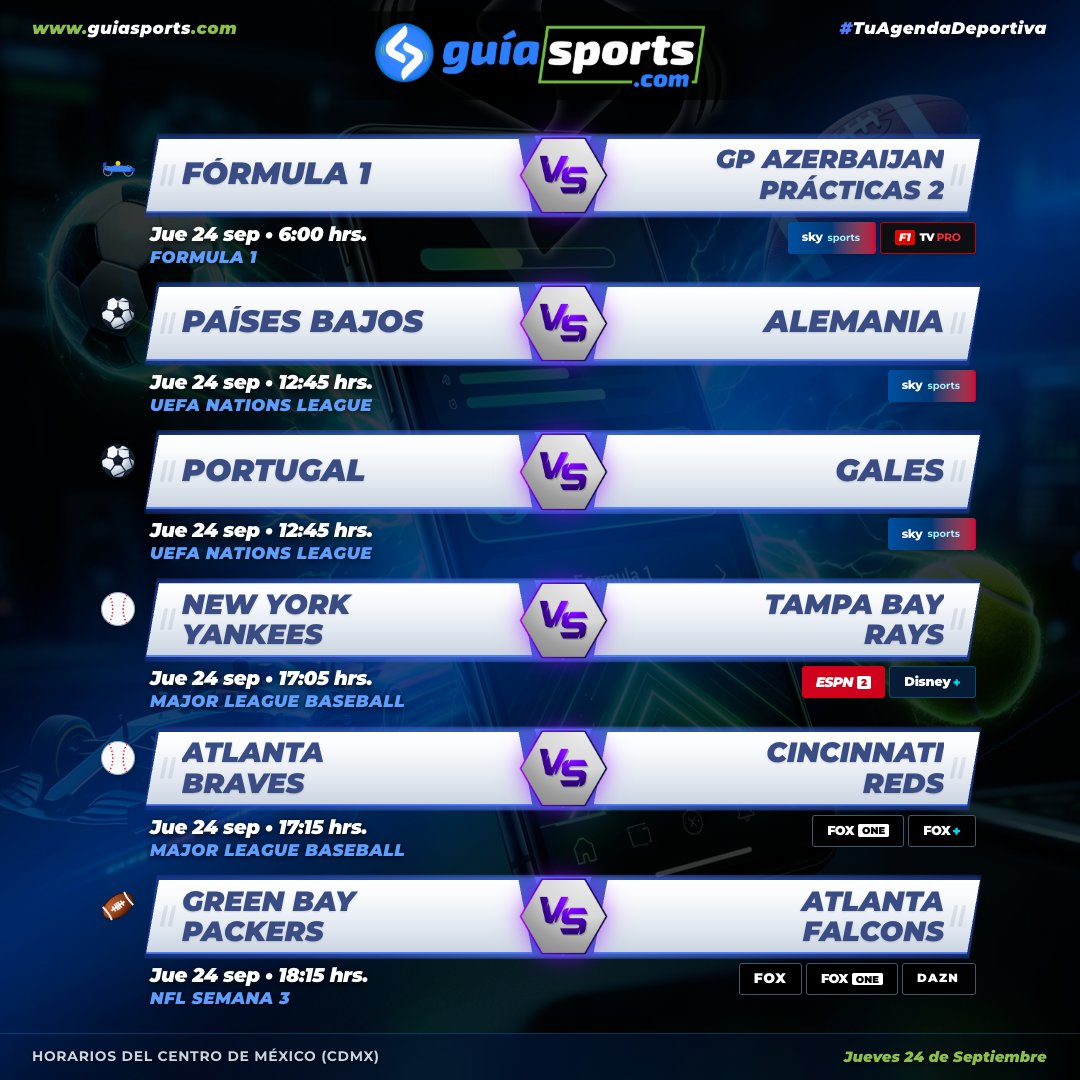 GuiaSportsMX's tweet photo. 🚨 JUEVES 📅 AGENDA DEL DÍA!🔥🇲🇽

🏎️ GP Azerbaijan  Practice 2 #F1
⚽️ Países Bajos 🆚 Alemania #UEFANationsLeague
⚾️ Yankees 🆚 Rays #MLB
⚾️ Braves 🆚 Reds #MLB
🏈 Green Bay Packers 🆚 Atlanta Falcons #NFL

DÓNDE VER? 📡 
🌐 https://t.co/EtzXmrLG7C

#TuAgendaDeportiva #GuiaSports https://t.co/HZZgSF6KCV
