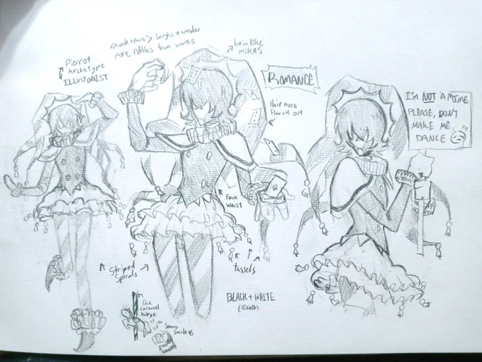 [ROMANCE]

[Pierrot/Illusionist Archetype
Shock + Awe > Laughs + wonder] 

[More Ruffles than Waves
Brim like Mika's
Hair more Flared out
Faux Waist 
Striped Spirals
Tassels
BLACK + WHITE (red)]

[Like Carousel Horse or Sand Snake] 

["I'm NOT a Mime. Please don't make me dance"]