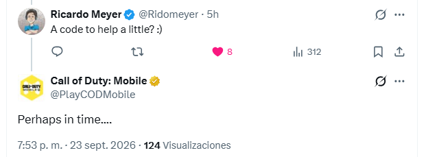 Ridomeyer's tweet photo. Activision me respondio que probablemente tengamos mas codigos con fichas para las miticas como el que tuvimos hace un par de días.

Eso relajaria a muchas personas con falta de tiempo y tambien haria que los mas activos saquen su mitica gratis mas rapido.

Se agrradece https://t.co/IinXEen5Dn