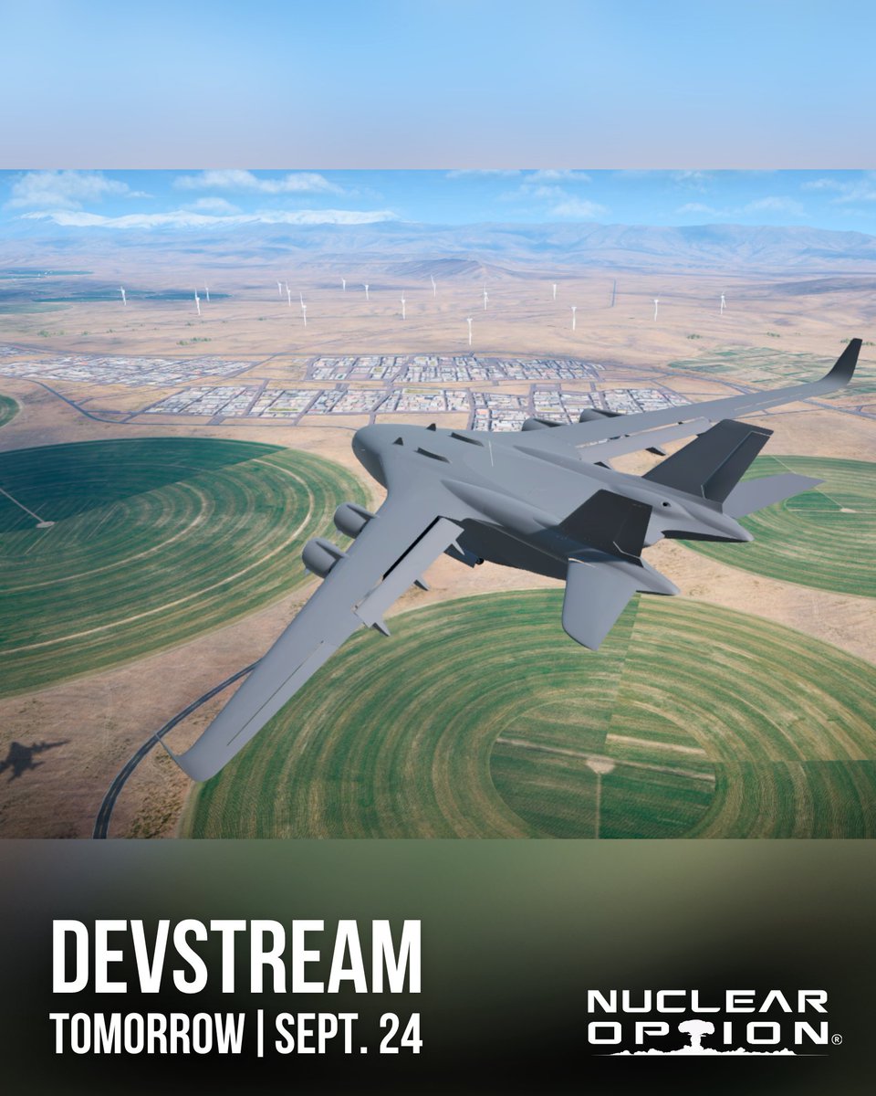 nuclearoptionvg's tweet photo. Tune in tomorrow, Thursday, September 24th for a devstream of the upcoming Update 0.35 and see the all-new cargo plane take to the skies and maybe a surprise or two!

Join us live on Twitch: https://t.co/P7eHkyHu18

PDT: 2:00 PM
MDT: 3:00 PM
CDT: 4:00 PM
EDT: 5:00 PM
UTC: 9:00 PM
CEST: 11:00 PM
AEST: 7:00 AM (September 25)

Can't make the stream? Catch up on all the action later. Recordings will be available on Twitch and the Nuclear Option VODs YouTube channel.

#DevStream #NuclearOption #NuclearOptionGame #ShockfrontStudios #CombatFlightSimulator #Nukes