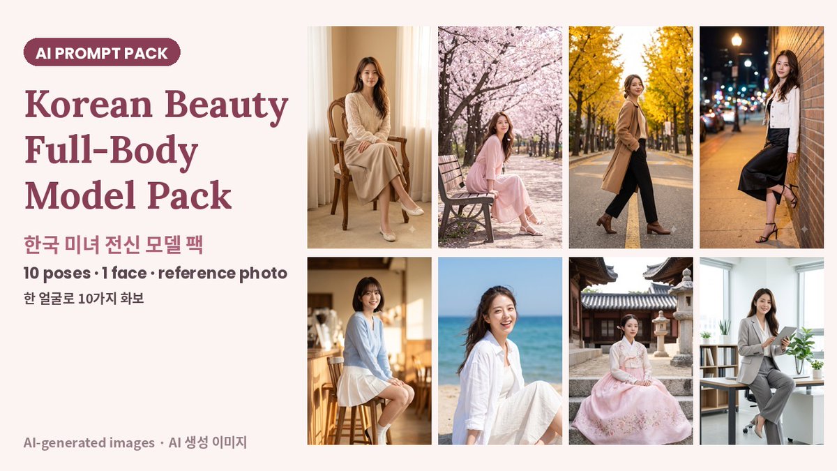 bombrunning1's tweet photo. 한 명의 AI 모델로 10가지 화보 ✨ 전신 프롬프트 10개 + 기준 얼굴 사진 (AI 생성 이미지)
One AI model, 10 photoshoots ✨ 10 full-body prompts + reference face (AI-generated images)
#AIart #AIprompts #NanoBanana https://t.co/nedvJjWiY5 https://t.co/EdR72CL7ln