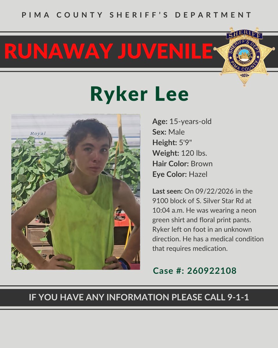 EricFinkTV's tweet photo. The search continues tonight for 15-year-old Ryker Lee. Per @PimaSheriff, the Three Points teen ran away from home yesterday morning. His parents were arrested and charged with child abuse. @KVOA https://t.co/IuEtYcBDuq
