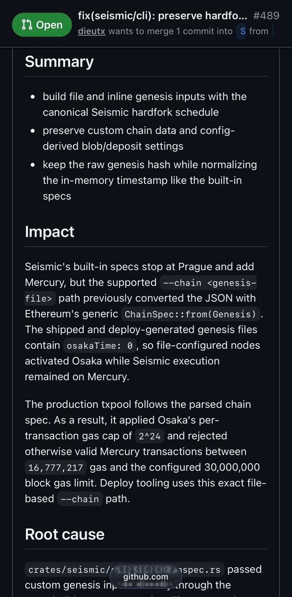 RajindraAzharia's tweet photo. Seismic has been quiet on X lately.

But I noticed something interesting from @SeismicSys on GitHub.

A PR from August shows work on genesis configuration and the hardfork schedule.

Still building behind the scenes. https://t.co/XoDF6084Q1
