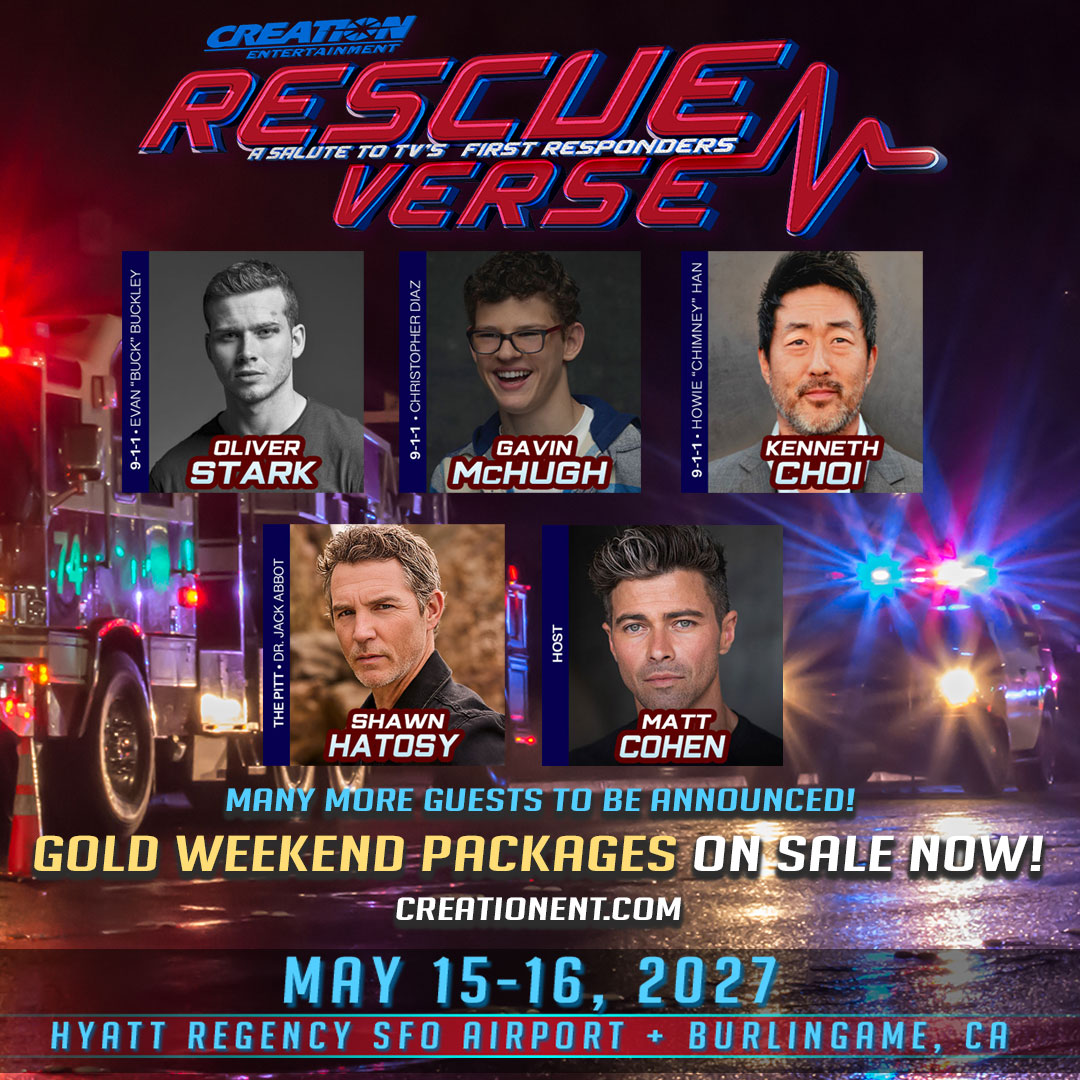 DonellaMerton's tweet photo. Photo shared by Creation Entertainment on August 20, 2026 tagging @mattcohen4real, @oliverstarkk, and @iamgavinmchugh. May be an image of poster and text that says "CREATRSI ENTERTAINA SALUTE Tα TVS FIRST RESPONDERS RESPON VERSE RESCUE RESCUEM W พร https://t.co/l082zUkZX9
