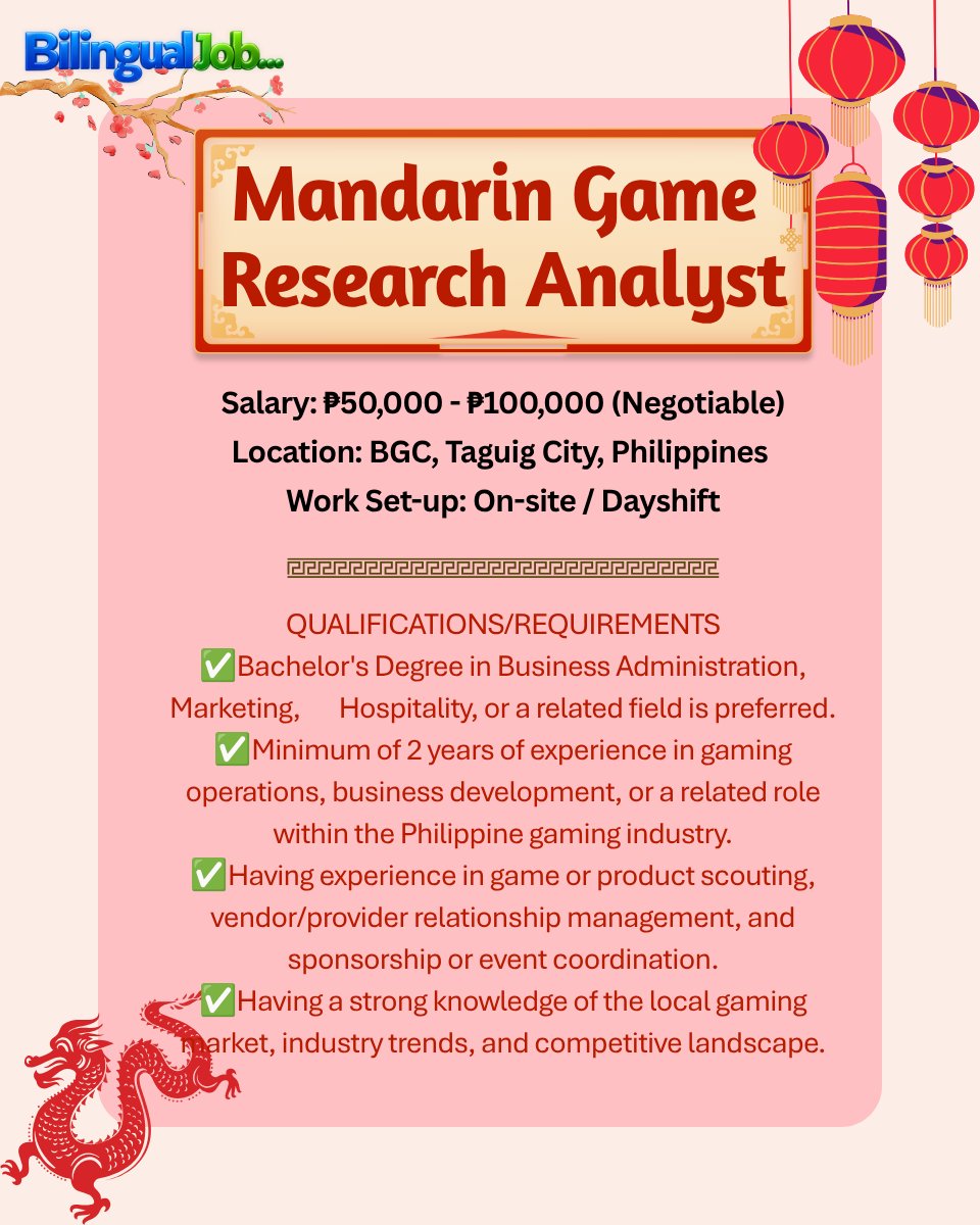 BilingualJob_'s tweet photo. 🎮 WE’RE HIRING! 🇨🇳
💰 ₱50,000–₱100,000
📍 BGC, Taguig City
🏢 On-site | Dayshift
🌐 Apply now at https://t.co/QWp3QzjntQ
#WeAreHiring #MandarinJobs #GameResearchAnalyst #BilingualJobs #BGCJobs #HiringNow https://t.co/I9Tnjuo8SV