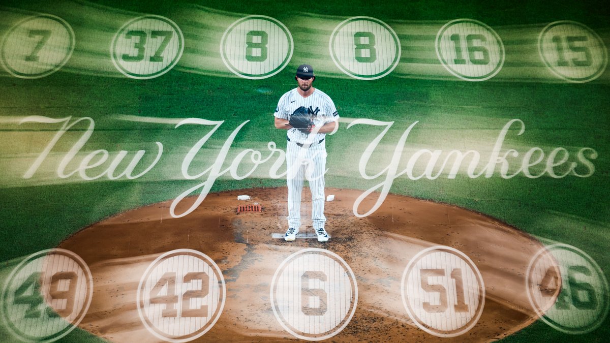 Gerrit Cole double exposure with Stadium wall of retired numbers. 
