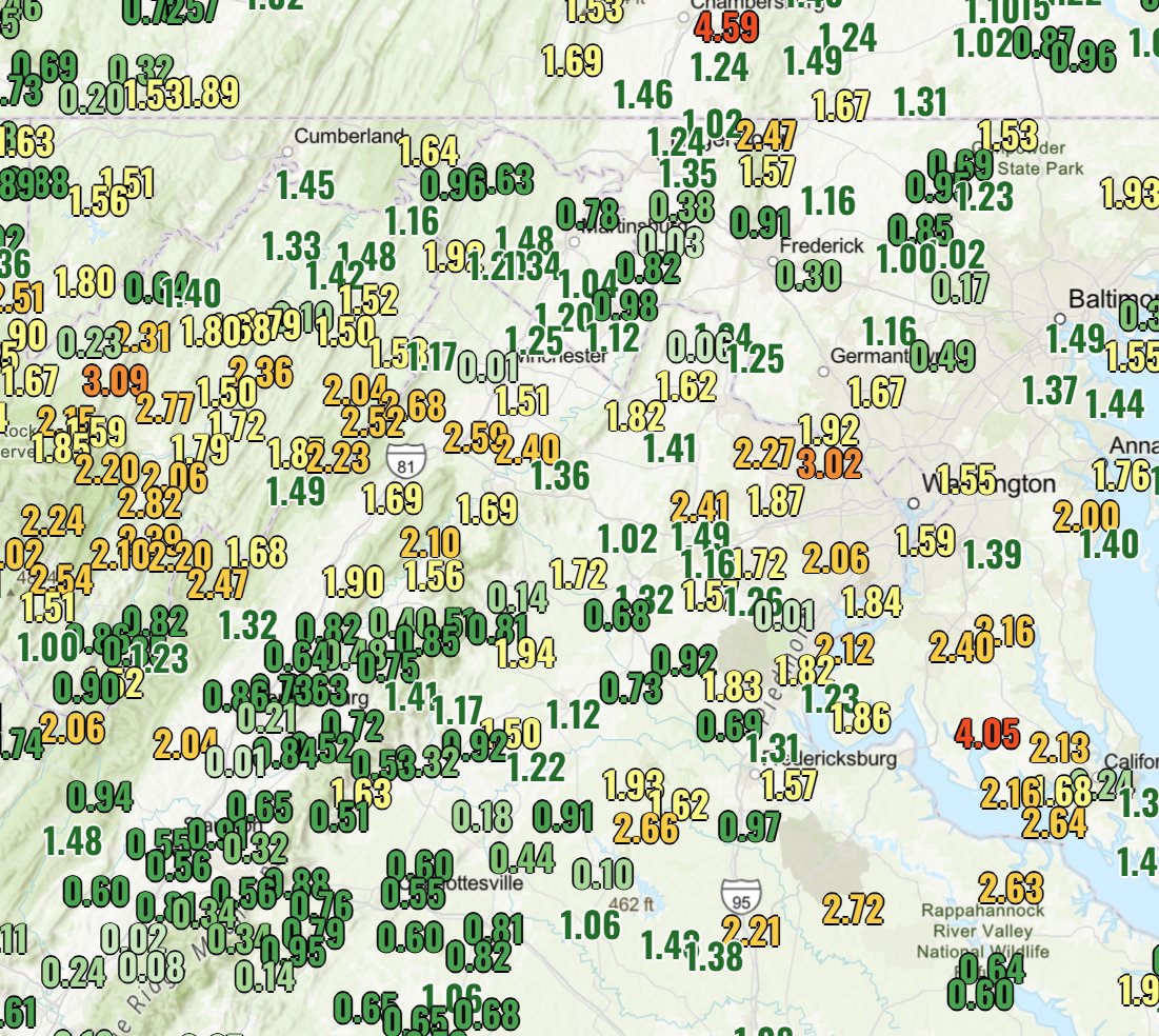 FirstinWeather's tweet photo. The Mid-Atlantic has abruptly entered fall after a warm start to September. Courtesy of a strong high in Canada, and a low off the coast, northeasterly winds have advected a cool maritime airmass and wet weather for much of the region. Many areas have seen 1-2 inches of rain! https://t.co/ZlOFOD77Ei
