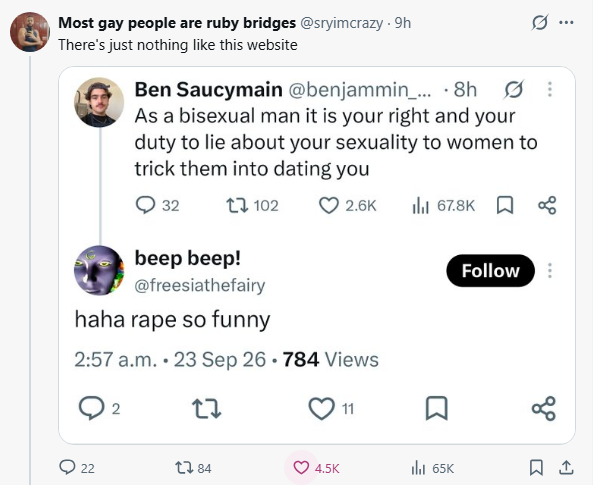 FeoAI_'s tweet photo. @BarbFromKerman @sryimcrazy NO, just like NOT auting your bisexuality to a women is ALSO NOT a rape, you dumbass. https://t.co/brKUiFGJgh