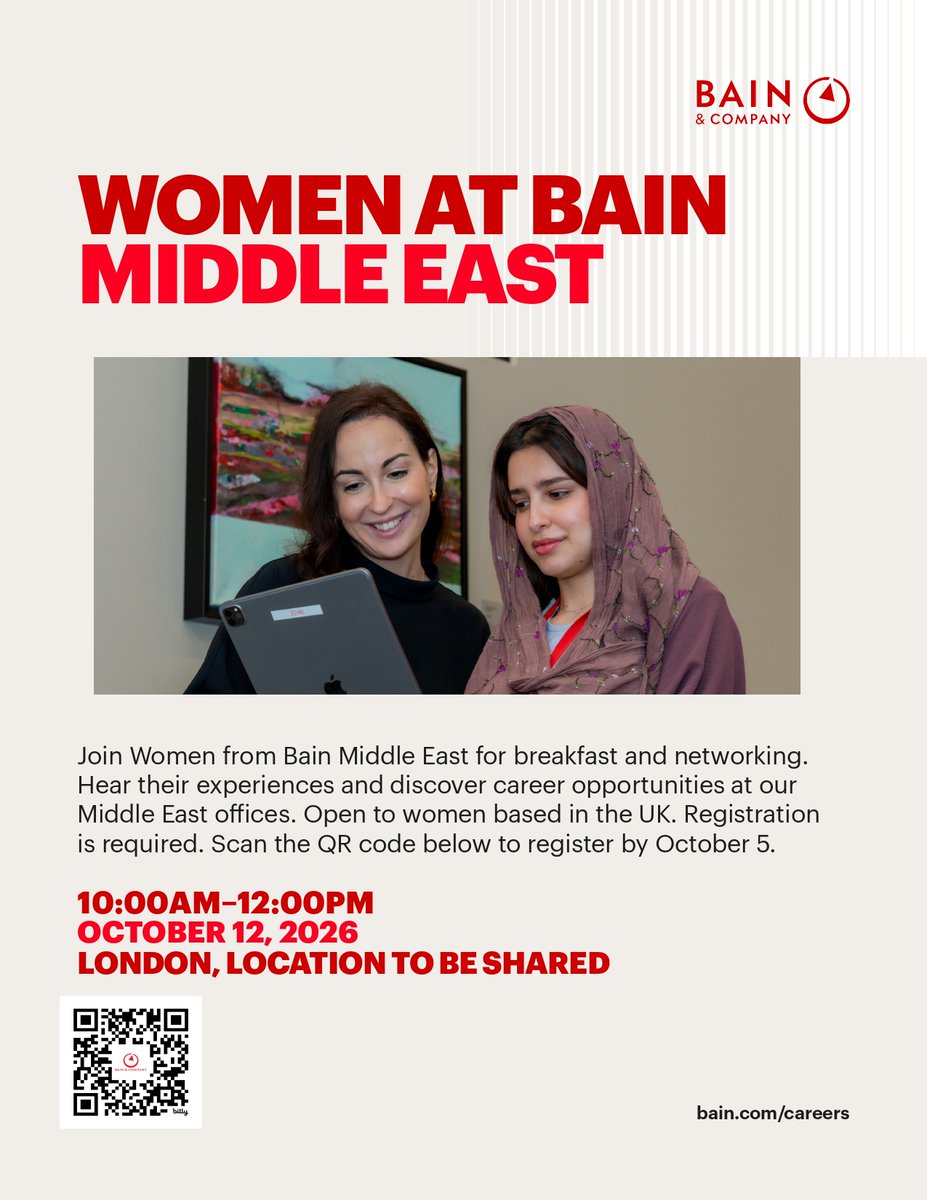saudikcl's tweet photo. Bain &amp; Company Middle East is hosting an exclusive Women at Bain breakfast and networking session in London.

@BainandCompany Middle East
📅 Date: October 12, 2026
⏰ Time: 10:00 AM - 12:00 PM
📍 Location: Bain &amp; Co. London Office (on the Strand)

Register via the QR code below! https://t.co/e4TZC1KC7n