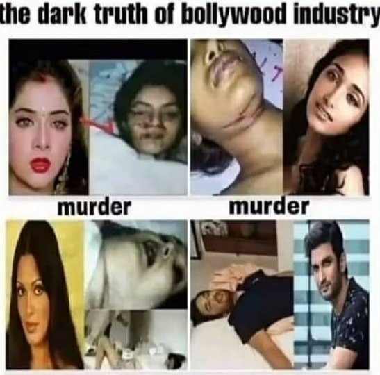 MEENU82433774's tweet photo. This Is All The Darkest Truth Of Bollywood Which Is Named As Suicide After Murder !

Divya Bharti, Jiah Khan, Parveen Babi, Sushant Singh Rajput &amp; More...

When Will CBI Arrest Killers ❓

#JusticeForSushant️SinghRajput https://t.co/2OiZ5ItVbr