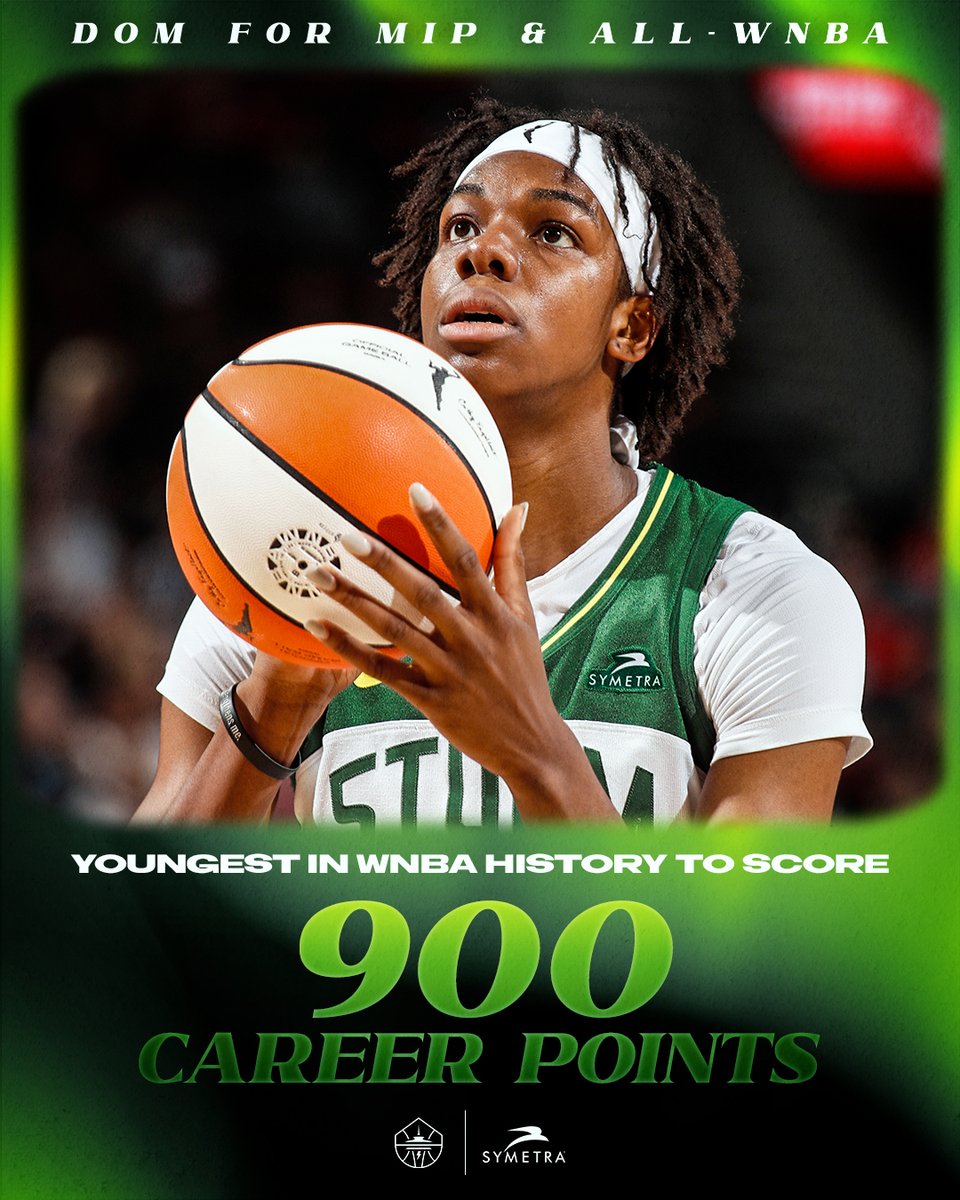 seattlestorm's tweet photo. 900 career points for Dom! ⛈️

She is the youngest in WNBA history to reach this milestone... sounds like MIP and All-WNBA material to us 👀 https://t.co/oFEEDFwVcV