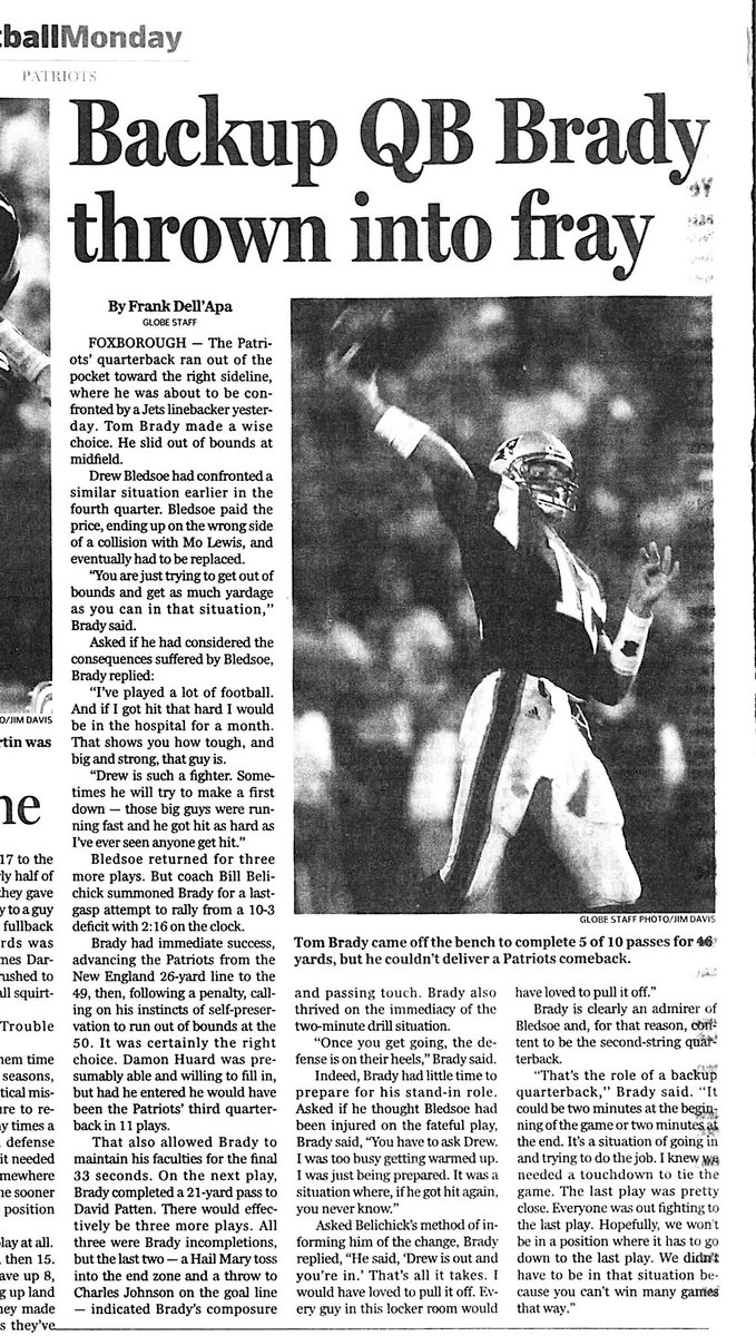 RetroNewsNow's tweet photo. 🏈On September 23, 2001, during a Week 2 game against the New York Jets, sixth-round pick Tom Brady replaced Drew Bledsoe at quarterback for the Patriots’ final drive after Jets linebacker Mo Lewis delivered a hard hit that injured Bledsoe.

It was the beginning of one of the most consequential quarterback changes in NFL history