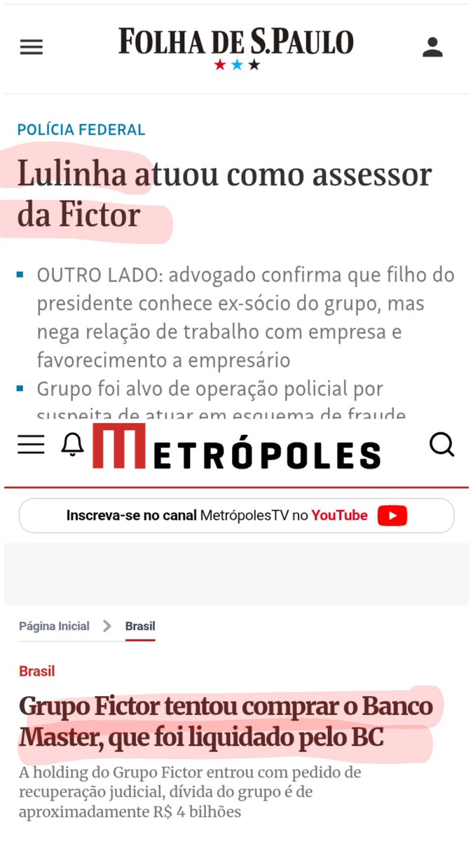 Emersondrm's tweet photo. 1- LULINHA,"assessor" do grupo bilionário FICTOR, que tentou comprar o banco MASTER por 3bi. Ele seria a frente do banco master corrompendo o judiciário? 2-LULA  aconselhou VORCARO a não vender MASTER para o BRB. Esperar o FICTOR?  Mas segundo os esquerdoPETS, é tudo coincidência https://t.co/i6BljoSIcp