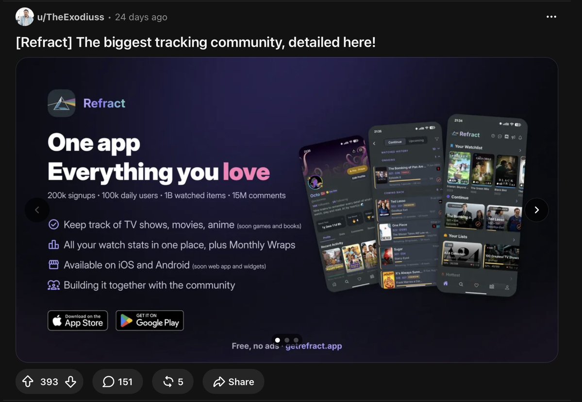 ktechna's tweet photo. tv time communities on reddit are starting to piss me the fuck off. i just tried mentioning the app i LIKE and it got removed for "advertising", when my wording didn't even fit the criteria. several people make app ads, i didn't, and my account got BANNED.

@reddit cmon bro wtf https://t.co/M3GcoPN5Y8