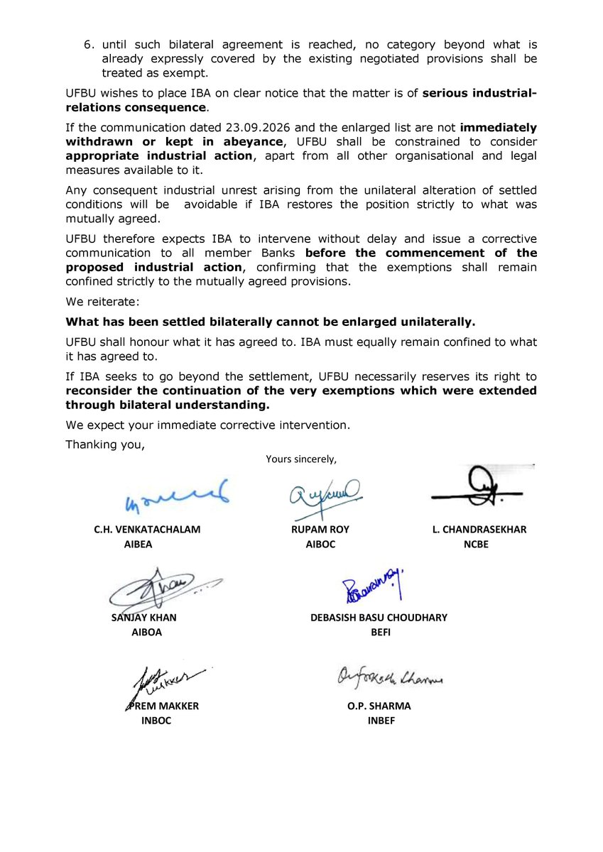 AIBEAofficial's tweet photo. UFBU Letter to @ChiefIba : Unilateral enlargement of agreed exemptions from strike –demand to keep IBA communication dated 23.09.2026 in abeyance
#UFBU https://t.co/1XxHFDpR2x