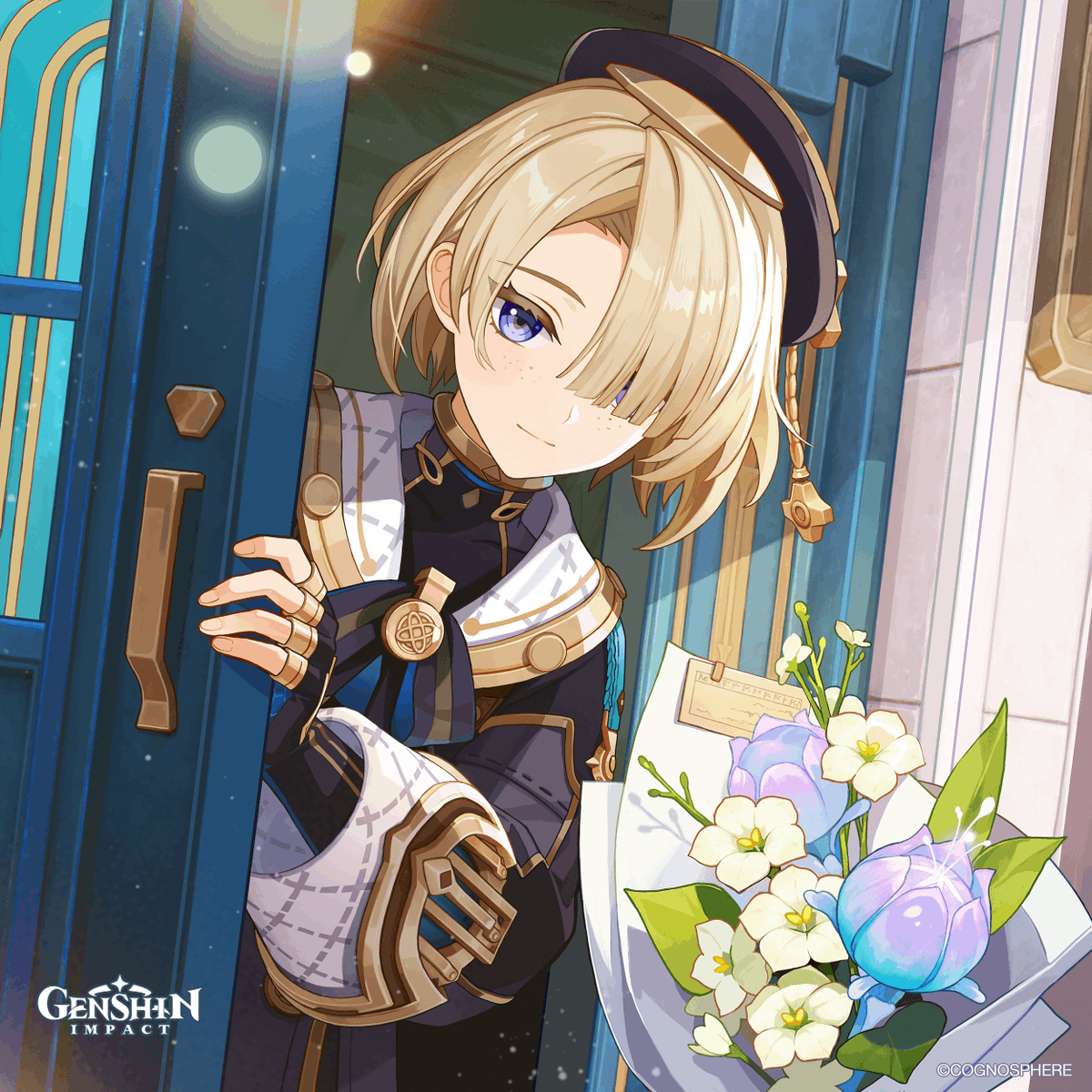 GenshinImpact's tweet photo. Happy Birthday, Freminet!
#GenshinImpact #Freminet 

Um... Who is it? J—Just a moment, I'm coming... Huh?
Flowers and gifts... This kind of surprise feels like something Lyney would come up with. It was his idea, wasn't it?
If I'm right, then this "magic surprise" probably isn't over yet...
Anyway... come in. I'll make you some tea.