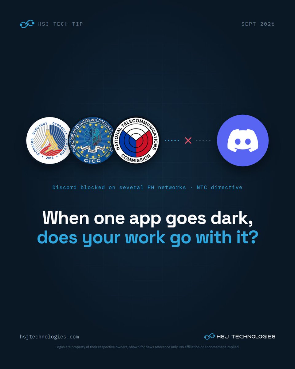 hsjtechnologies's tweet photo. Discord is blocked on several PH networks following an NTC directive.

If your work runs on it: set up a backup channel, save important files outside chat, keep client contacts portable, and let clients know how to reach you.

#CICC #NTC #DiscordPH #TechNews https://t.co/hScSl7O7vt