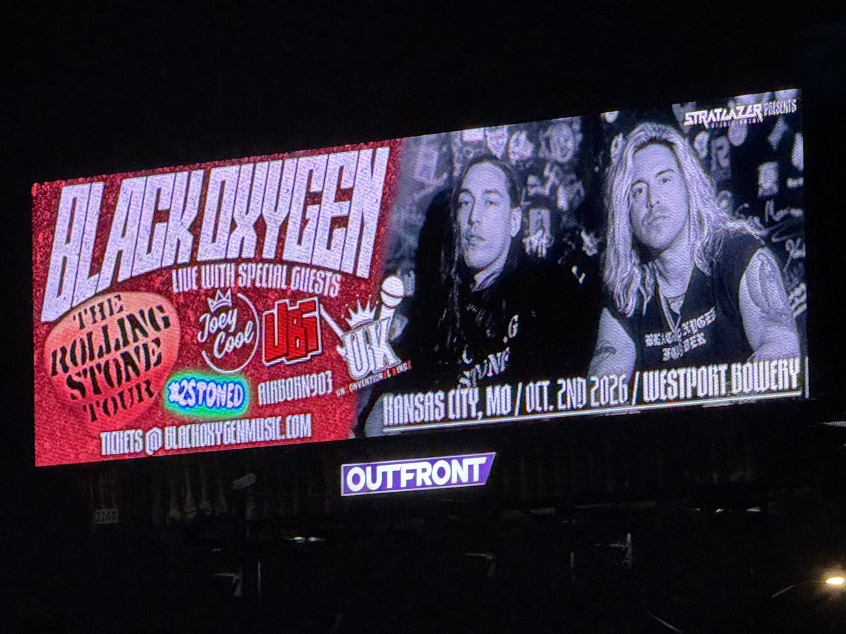 blackoxygen1's tweet photo. This one going to be CRAZYYY!!! Oct. 2nd Westport Bowery. Billboard up downtown KANSAS CITY!!! Get your tickets NOW at https://t.co/LjaSt4ac1o & click “Tour Dates”. Black Oxygen, @therealJoeyCool @StrangeMusicInc , @Official2STONED , @MrViglione , AirBorn903 & @UKMFER presented by @Stratgazer LET’S GOOO!!!