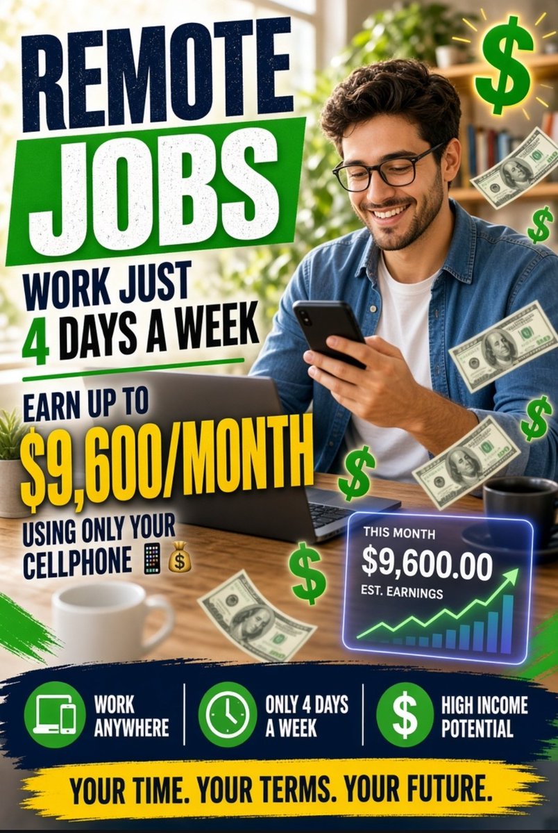 NexaBlissAI's tweet photo. Remote jobs that let you work just 4 days a week and potentially earn up to $9,600/month  using only your cellphone 📱💰

Want to see how?

Like ❤️ 
Comment 💬 
RT 🔁 
Bookmark 🔖

Comment “DOLLAR” and I’ll share the details.
Must follow: @NexaBlissAI https://t.co/FCiCc4Pq1o