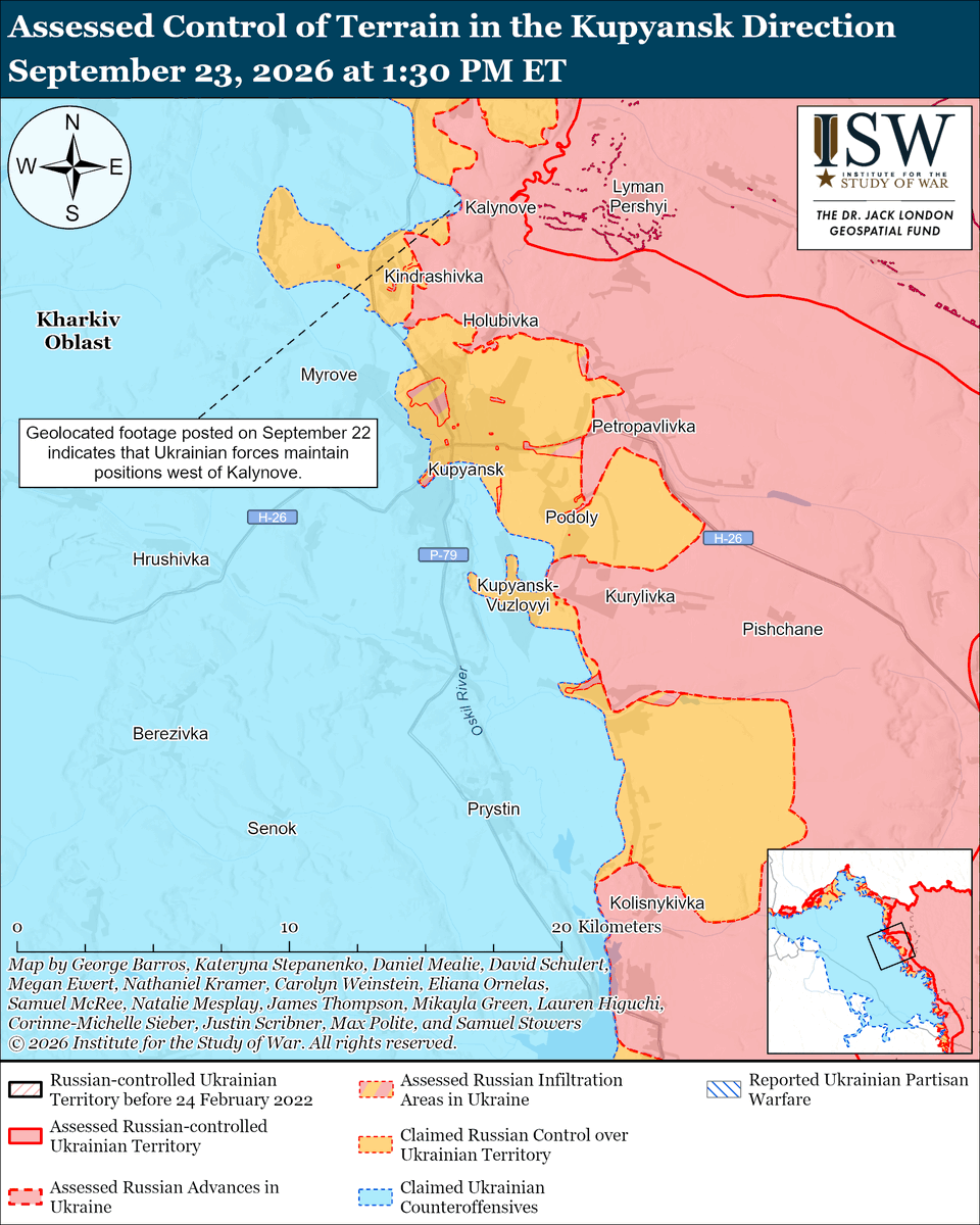 TheStudyofWar's tweet photo. Russian Offensive Campaign Assessment, September 23, 2026: High-ranking Kremlin officials effectively rejected the US-Ukrainian-proposed limited energy ceasefire and continued reiterating Russia's unwillingness to engage in any meaningful peace negotiations.
More Key Takeaways:
The Russian Ministry of Defense (MoD) and Russian milbloggers are simultaneously doubling down on baseless claims that Russian forces have encircled Ukrainian forces in various sectors of the frontline, likely as part of the Kremlin’s cognitive warfare campaign to portray Ukrainian defenses as collapsing.
Ukrainian and Russian sources continue to refute Russia's baseless claims of encirclements.
A Russian Mi-8 helicopter violated Polish airspace in Braniewo (near Kaliningrad) — a marked escalation in Russia’s aggressive behavior toward NATO states.
Ukrainian forces recently advanced in the Kupyansk direction, in the Chasiv Yar tactical area, and in the Novopavlivka and Oleksandrivka directions. Russian forces recently advanced near Kostyantynivka and south of Dobropillya.
Russian forces launched 161 drones against Ukraine overnight. (1/2)