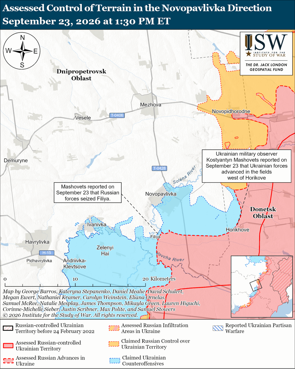 TheStudyofWar's tweet photo. Russian Offensive Campaign Assessment, September 23, 2026: High-ranking Kremlin officials effectively rejected the US-Ukrainian-proposed limited energy ceasefire and continued reiterating Russia's unwillingness to engage in any meaningful peace negotiations.
More Key Takeaways:
The Russian Ministry of Defense (MoD) and Russian milbloggers are simultaneously doubling down on baseless claims that Russian forces have encircled Ukrainian forces in various sectors of the frontline, likely as part of the Kremlin’s cognitive warfare campaign to portray Ukrainian defenses as collapsing.
Ukrainian and Russian sources continue to refute Russia's baseless claims of encirclements.
A Russian Mi-8 helicopter violated Polish airspace in Braniewo (near Kaliningrad) — a marked escalation in Russia’s aggressive behavior toward NATO states.
Ukrainian forces recently advanced in the Kupyansk direction, in the Chasiv Yar tactical area, and in the Novopavlivka and Oleksandrivka directions. Russian forces recently advanced near Kostyantynivka and south of Dobropillya.
Russian forces launched 161 drones against Ukraine overnight. (1/2)
