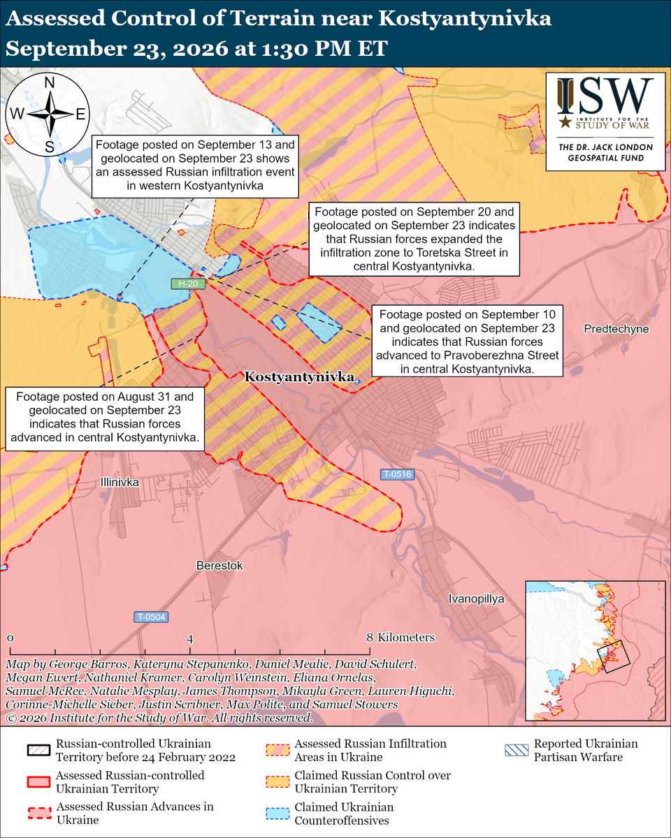 TheStudyofWar's tweet photo. Russian Offensive Campaign Assessment, September 23, 2026: High-ranking Kremlin officials effectively rejected the US-Ukrainian-proposed limited energy ceasefire and continued reiterating Russia's unwillingness to engage in any meaningful peace negotiations.
More Key Takeaways:
The Russian Ministry of Defense (MoD) and Russian milbloggers are simultaneously doubling down on baseless claims that Russian forces have encircled Ukrainian forces in various sectors of the frontline, likely as part of the Kremlin’s cognitive warfare campaign to portray Ukrainian defenses as collapsing.
Ukrainian and Russian sources continue to refute Russia's baseless claims of encirclements.
A Russian Mi-8 helicopter violated Polish airspace in Braniewo (near Kaliningrad) — a marked escalation in Russia’s aggressive behavior toward NATO states.
Ukrainian forces recently advanced in the Kupyansk direction, in the Chasiv Yar tactical area, and in the Novopavlivka and Oleksandrivka directions. Russian forces recently advanced near Kostyantynivka and south of Dobropillya.
Russian forces launched 161 drones against Ukraine overnight. (1/2)