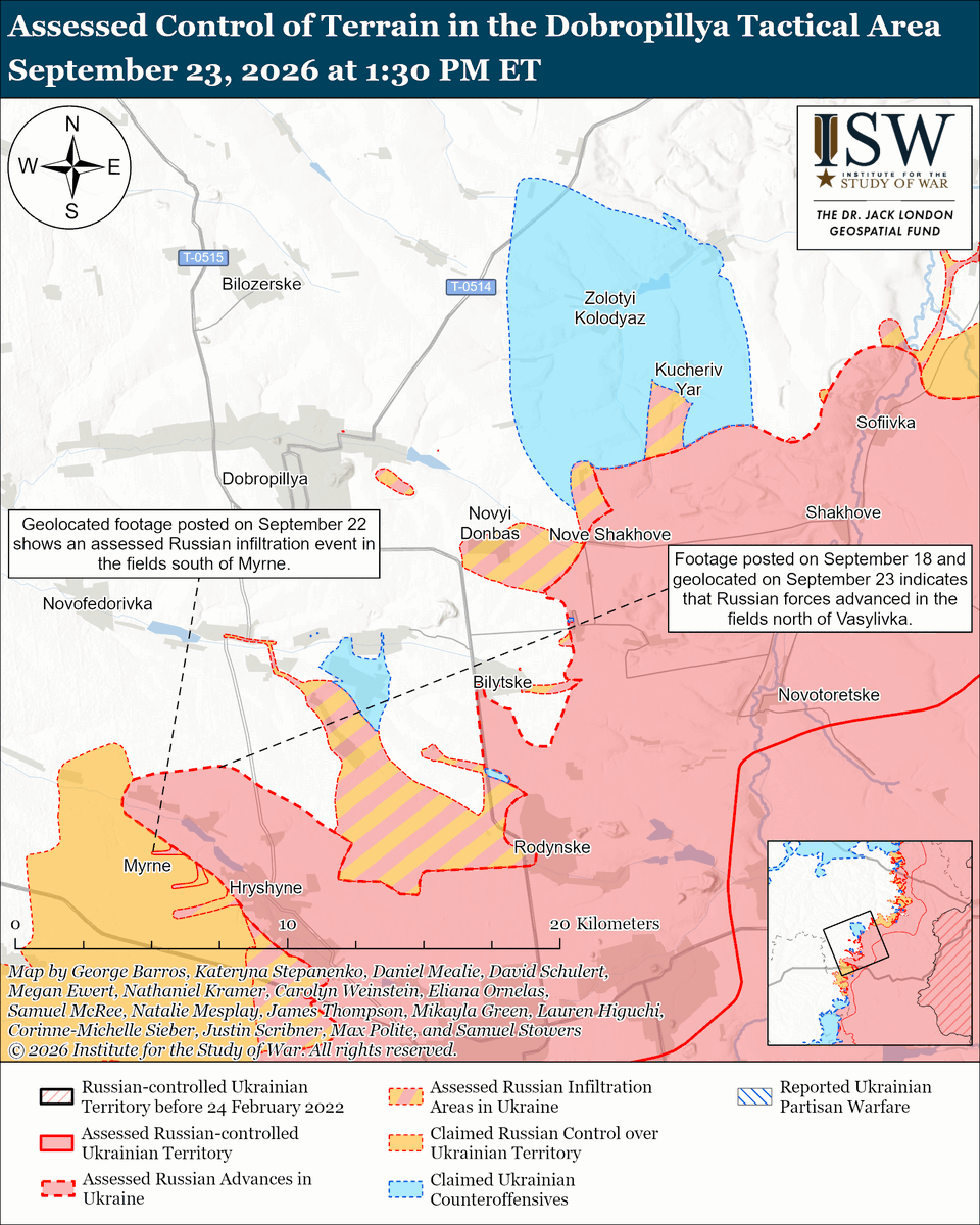 TheStudyofWar's tweet photo. Russian Offensive Campaign Assessment, September 23, 2026: High-ranking Kremlin officials effectively rejected the US-Ukrainian-proposed limited energy ceasefire and continued reiterating Russia's unwillingness to engage in any meaningful peace negotiations.
More Key Takeaways:
The Russian Ministry of Defense (MoD) and Russian milbloggers are simultaneously doubling down on baseless claims that Russian forces have encircled Ukrainian forces in various sectors of the frontline, likely as part of the Kremlin’s cognitive warfare campaign to portray Ukrainian defenses as collapsing.
Ukrainian and Russian sources continue to refute Russia's baseless claims of encirclements.
A Russian Mi-8 helicopter violated Polish airspace in Braniewo (near Kaliningrad) — a marked escalation in Russia’s aggressive behavior toward NATO states.
Ukrainian forces recently advanced in the Kupyansk direction, in the Chasiv Yar tactical area, and in the Novopavlivka and Oleksandrivka directions. Russian forces recently advanced near Kostyantynivka and south of Dobropillya.
Russian forces launched 161 drones against Ukraine overnight. (1/2)