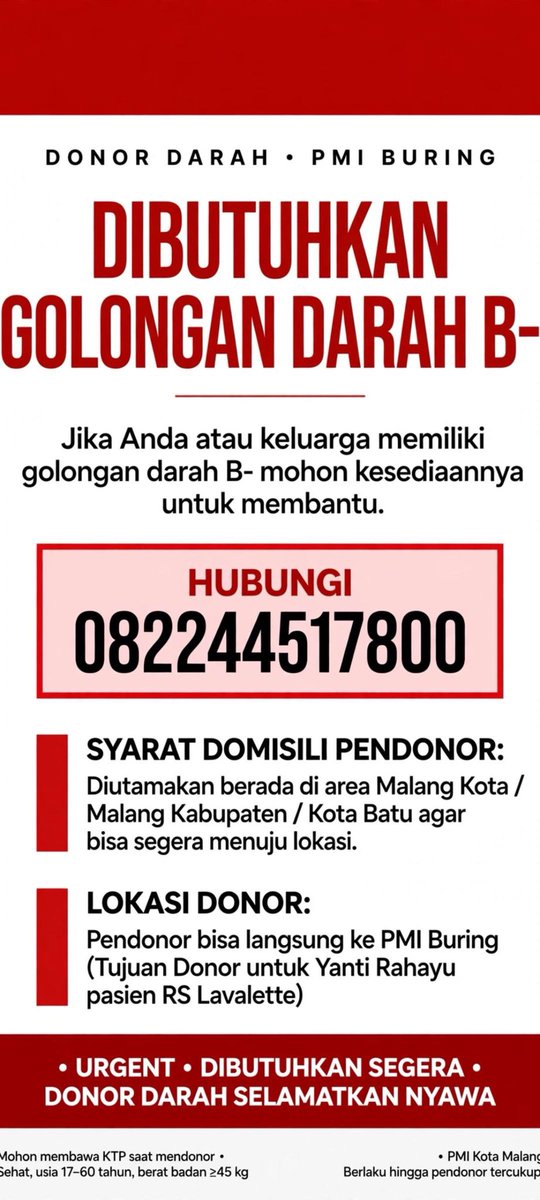 infomalang's tweet photo. Mohon bantuannya untuk mendonorkan darah golongan B- untuk pasien di RS Lavalette https://t.co/W7n2FS5BoE