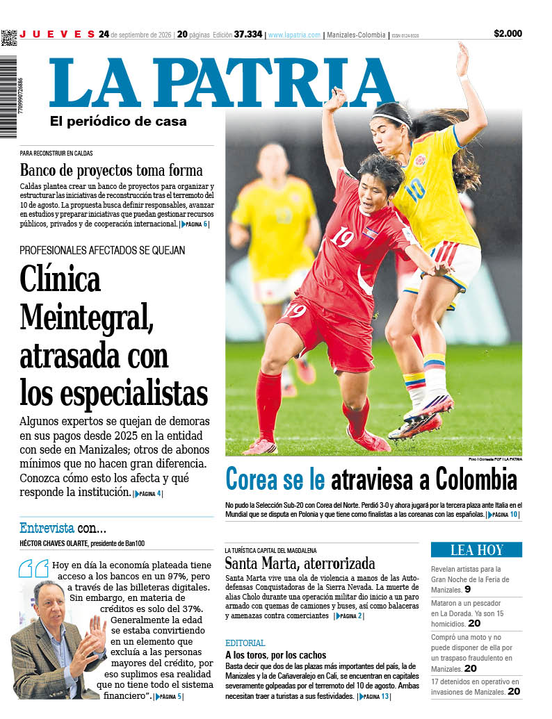 lapatriacom's tweet photo. #PortadaLP 

Banco de proyectos toma forma; Clínica Meintegral, atrasada con los especialistas; Corea se le atraviesa a Colombia; Entrevista con Héctor Chaves, presidente de Ban100; Santa Marta, aterrorizada; y más.

https://t.co/PnJd76QWL6 https://t.co/Zps9U4Tb3p