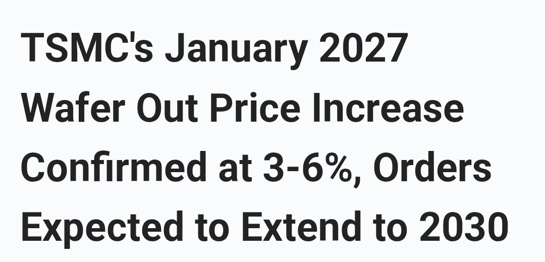 SemiconductorsX's tweet photo. TSMC is raising wafer-out prices again. The date is January 2027. The band is 3% to 6%.

DIGITIMES, citing supply-chain checks on September 24, says 8-inch lines are running above 100% and nodes at 45 nm and below are full. Order visibility runs to 2030. Advanced nodes take the larger lift. 

Mature and specialty parts are negotiated by product, utilization and account. Arizona stays at a premium because U.S. build cost is estimated at four to five times Taiwan. It declined to comment on the rumor.

2 nm and 3 nm are still short. CoWoS is still tight. A 3% to 6% wafer add is not enough to push a leading customer off the line. 

Samsung, Intel, UMC, Vanguard and OSATs are expected to follow. 

UMC, PSMC and Vanguard have already signaled hikes into 2027. Vanguard’s 8-inch book is 3 to 5 months out, utilization above 90%, on AI-adjacent analog and power spillover.

The AI rack is no longer one GPU. PMICs, MCUs, MOSFETs, driver ICs, analog, MEMS, mixed-signal, sensors, optics and interposers all ride the same wave. That is why mature lines tightened after years of weak consumer mix.

Design houses will reprice. High-ASP GPU and ASIC parts can pass more of the wafer cost. MCU, PMIC and consumer ICs may not. 2027 BOM inflation is not only foundry. OSAT, substrates, materials and memory are moving too.

C.C. Wei’s line still holds: this is not a convenience store. Core 2 nm and 3 nm starts have not rotated in a meaningful way. It is still lifting 2026 capex and dollar revenue growth.

$TSM $INTC