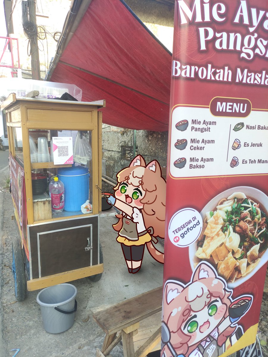 Rutorifuki's tweet photo. The usual noodle guy called in sick today, so he has to sent his mascot to run the mie ayam cart

Expects some delays coz she's easily distracted by shiny objects and more likely fall into sudden nap when the sunlight hits her 🙇 https://t.co/ZUh3BnQNxS
