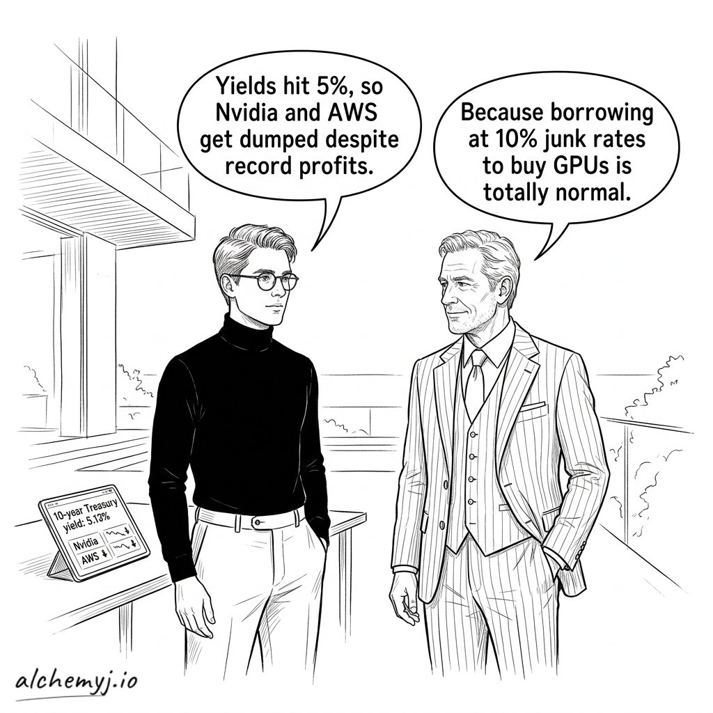 AlchemyJ_io's tweet photo. Nasdaq Composite fell 1% as 10-year Treasury yields climbed to 5.13%. Nvidia and Amazon were among the shares pulled lower in the pullback.

"Yields hit 5%, so Nvidia and AWS get dumped despite record profits." SoftBank raised over $11 billion in junk bonds, a form of high-yield debt. The bonds carried yields nearing 10% to fund its $65 billion commitment to OpenAI. Qualcomm's $60 billion AWS partnership includes $9 billion earmarked for custom data center chips.

Market caution around credit curves and issuance volume in high-yield debt remains a specific point worth watching. Investors continue demanding higher risk premiums for debt-funded AI scaling.

$SOX $QQQ $SPY $NVDA
