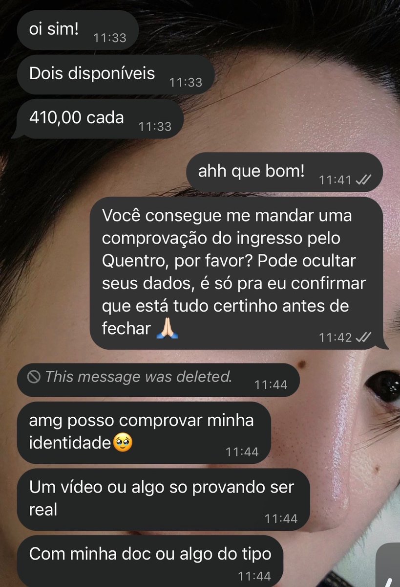 gabsxhoon's tweet photo. 🚨 ALERTA 🚨

Paguei R$410 por um ingresso do show do BTS e após o pagamento enviei contrato para formalizar a compra e desde então a vendedora não responde minhas mensagens. Também apaga posts da venda.

Deixo os prints do perfil, da negociação e das tentativas de contato. https://t.co/PmjIlTJcXn
