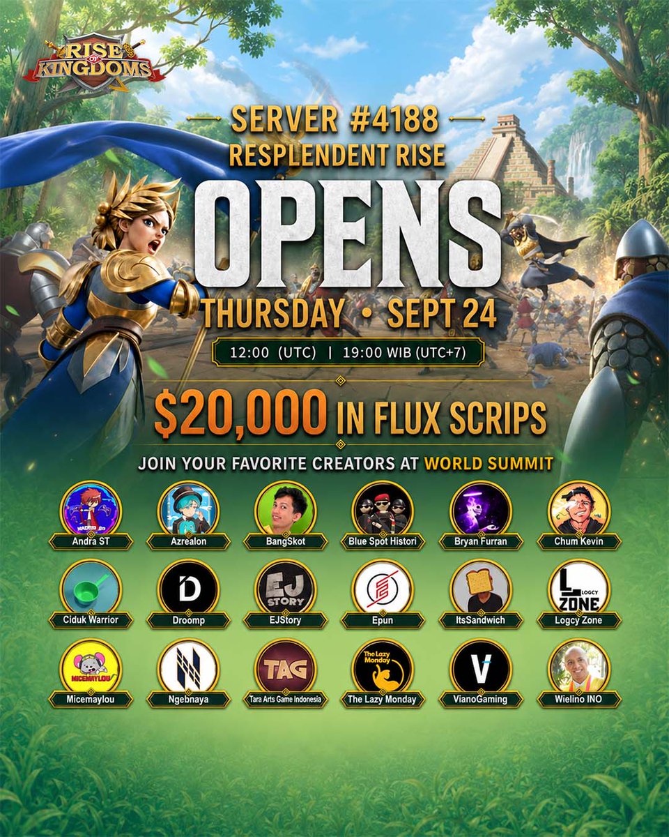 riseofkingdoms's tweet photo. 🏔️ The World Summit is here, Governors!
🎉 Server #4188 "Resplendent Rise" opens today, Thursday, Sept. 24 — 12:00 UTC.
⚔️ Fight through 3 battles for a share of $20,000 in Flux Scrips.

🔗 Jump in now — full details here: https://t.co/0VJG1r3oOE https://t.co/6CccJYNPEm