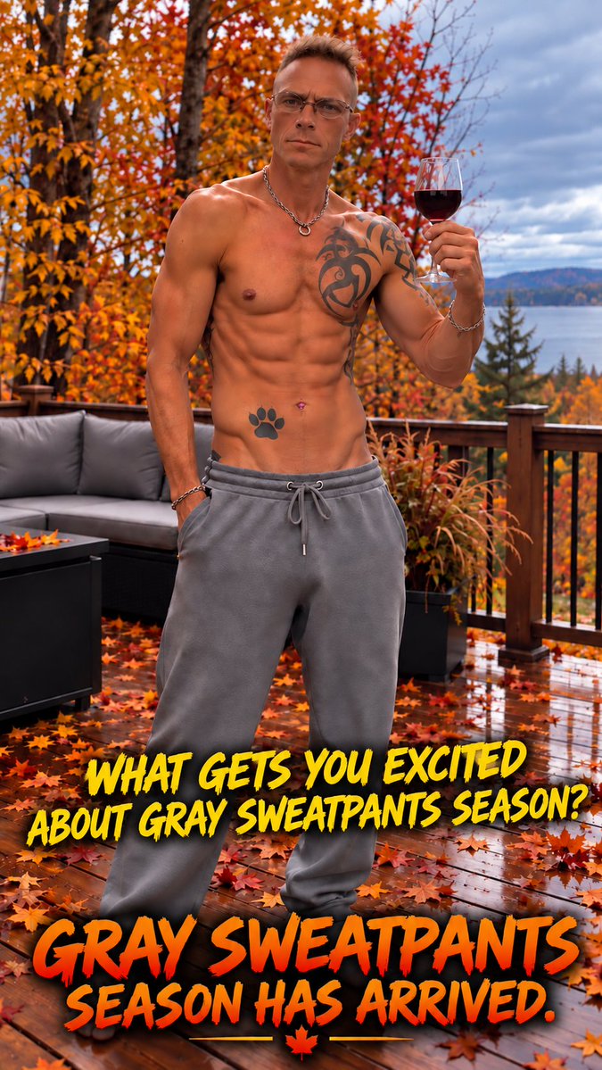 ThePupMaxim's tweet photo. GRAY SWEATPANTS SEASON HAS ARRIVED. 🍂🩶
Summer falls away. The leaves fall. The temperature falls.
And suddenly… the gray sweats come out.
Commando season.
Let gravity do what gravity does. 😈
Fall is messy. Fall is dirty. Fall is sexy.
Enjoy the season. 🍂🐾
#GraySweatpants #PUPMAXIM #GayLife #PuppyPlay