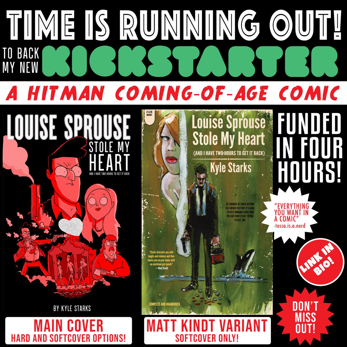TheKyleStarks's tweet photo. Sweet angel babies! We are down to SEVEN DAYS for you to get your hands on my new book LOUISE SPROUSE STOLE MY HEART - a hitman coming of age available ONLY on KICKSTARTER
#kickstarter #comics #kickstartercomics #hitman #comicbooks
https://t.co/EVik2kVgoz https://t.co/DoTqPCmlH9
