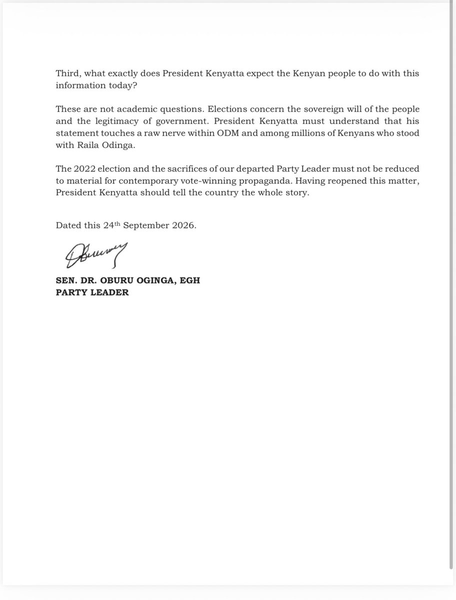 TheODMparty's tweet photo. Party Leader @DrOburu_O’s statement on Pres. Uhuru Kenyatta’s recent remarks… https://t.co/Uic86yRyxC