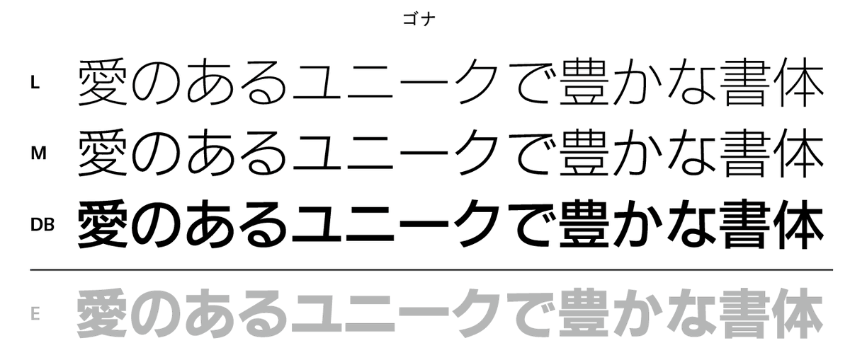 Morisawa_JP's tweet photo. 【2026年度 #新書体｜ゴナ（ウエイト拡張）】

シンプルで均等な太さのストロークと、
整理されたプロポーションのモダンスタイルのゴシック体🔲

2024年にリリースしたウエイトEに加え、
今回は L / M / DB を拡張します🙌

来月10/14から提供開始予定です◎

📝詳細はこちら
https://t.co/2JE97m2G4K https://t.co/roaEGqBHgB