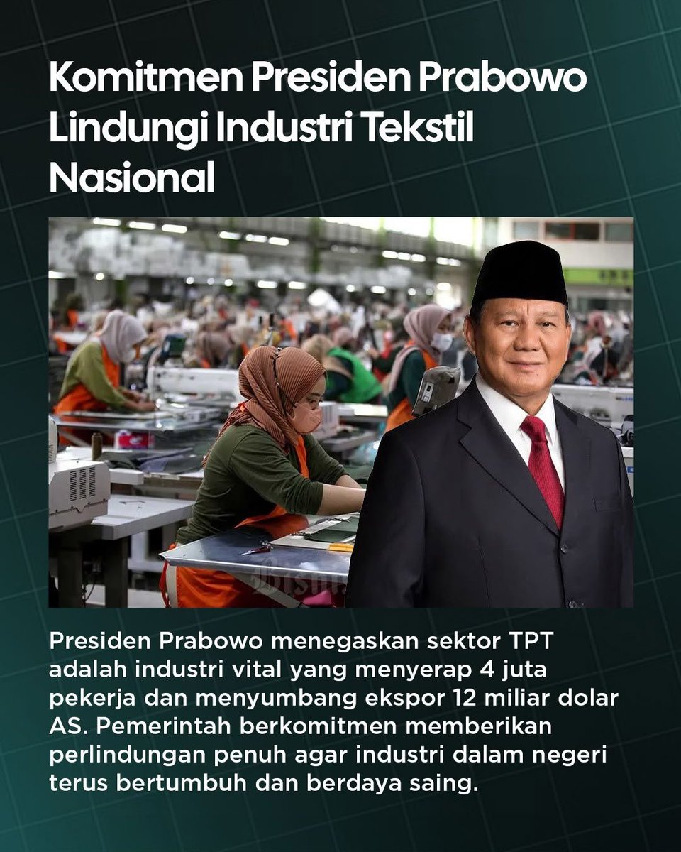 decfors's tweet photo. Tegas! Presiden Prabowo pastikan pemerintah beri perlindungan penuh untuk TPT dalam negeri. Jangan biarkan impor ilegal hancurkan karya anak bangsa. #BanggaBuatanIndonesia Lindungi Pekerja Tekstil https://t.co/oxVrlZVkKe