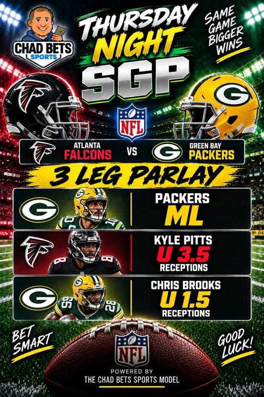ChadBetsSports's tweet photo. Thursday Night SGP:

Packers ML
Chris Brooks Under 1.5 Receptions
Kyle Pitts Under 3.5 Receptions

#NFL #NFLBets #SportsBetting https://t.co/oXHyl0rIxc