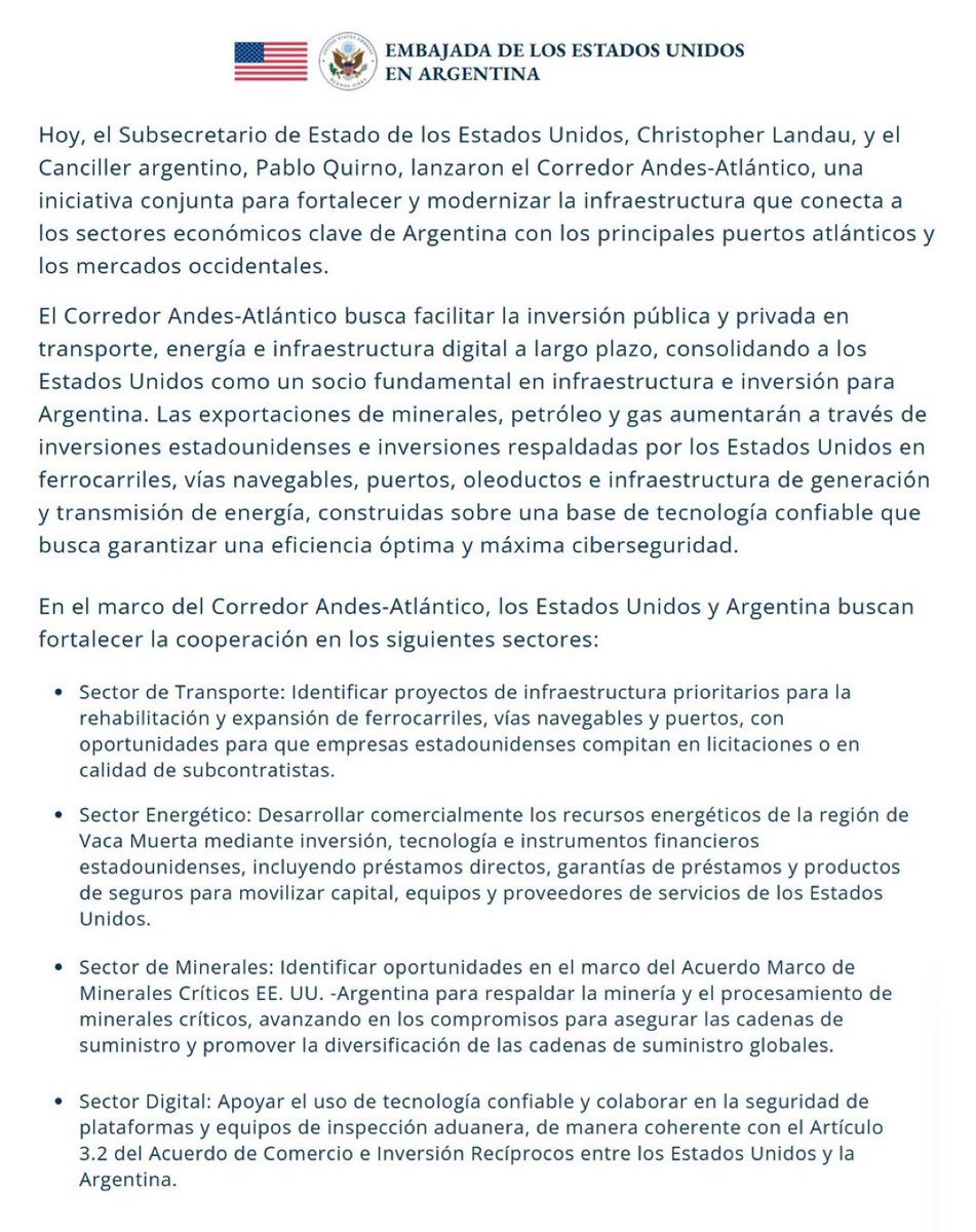 Gianferreyra_'s tweet photo. 🇦🇷🤝🇺🇸 | LANZADO EL CORREDOR ANDES-ATLÁNTICO!

EEUU invertirá $7.000 millones de USD hasta 2027 a través para proyectos de energía, minerales críticos y satélites

LOS 2 MEJORES PAÍSES DEL MUNDO LABURANDO CODO A CODO https://t.co/RMsUxTKGX6