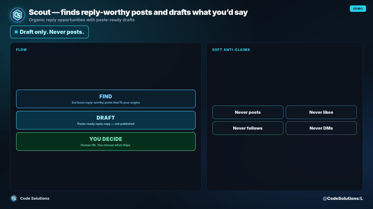 CodeSolutionsIL's tweet photo. Scout — finds reply-worthy posts and drafts what you’d say.

You get a short ranked list plus paste-ready drafts. It never posts, likes, follows, or DMs. You decide what ships.

https://t.co/eUyz5P7CAL
@Bot @grok https://t.co/WUY7yRfkA7
