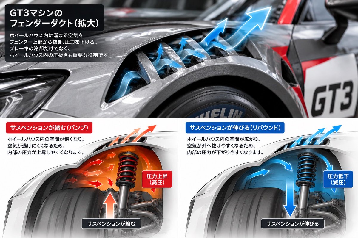 Spinoff1204's tweet photo. 「フェンダーダクトって、ブレーキを冷やすためだけだと思ってませんか？」

スポーツカーのフェンダーにあるダクト。

もちろん冷却目的のものもありますが、もう一つ重要なのが、ホイールハウス内の空気を抜く「圧抜き」です。

走行中のホイールハウス内では、かなり複雑なことが起きています。

前から入ってくる空気。
車体下を流れる空気。
高速で回転するタイヤ。

これらが狭い空間でぶつかり、渦や乱れを作ります。

しかも、この空気の乱れは空気抵抗だけの話ではありません。

ホイールハウス内の圧力分布が変われば、車体に働く揚力も変わる。

高速域では、それがタイヤにかかる荷重や車高、サスペンションのストロークにもつながってきます。

だからフェンダーダクトで圧を抜く。

タイヤの前に小さな整流板を付ける。

ホイールの形状まで考える。

タイヤ周辺の空気をどう流すかは、車の空力を考えるうえでかなり重要なんです。

そしてここは、SPIN OFFが静電気除去技術を探究していく中でも、ずっと気にしている場所です。

高速で回転するタイヤ。
路面との接触と剥離。
樹脂製のインナーフェンダー。
そこを流れる大量の空気。

僕たちが最初にタイヤ用の製品を作った時も

「タイヤやホイールハウス周辺の静電気を減らしたら、空気の流れに何が起こるのか」

ここを考えていました。

もちろん、静電気を取れば乱流がなくなるなんて単純な話ではありません。

知りたいのはその先です。

空気の流れが変われば、圧力分布にも変化が出る可能性がある。

圧力分布が変われば、車体に働く力にもつながってくる。

だから僕たちは「静電気が減りました」で終わらせず、その先で車に何が起きるのかを追いかけています。

フェンダーに開いた小さな穴から、サスペンションの動きまでつながっている。

車の空力って、ウイングやディフューザーだけの話じゃないんです。

#車の空力 #ホイールハウス #フェンダーダクト #サスペンション #静電気 #エアロ #車の知識 #SPINOFF