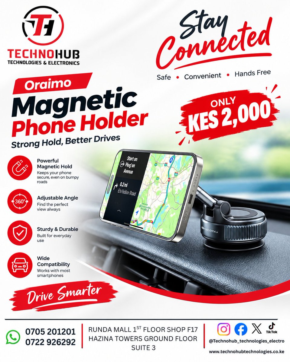 technohubtech's tweet photo. Keep your phone secure and within reach with the Oraimo Magnetic Phone Holder — strong magnetic hold, adjustable viewing angle, and perfect for everyday driving.
🔥 KES 2,000 only!
📍 Technohub Technologies
📞 0705 201201 | 0722 926292
#Tech #Oraimo #PhoneHolder #CarAccessories https://t.co/n9ZQDT8o8B
